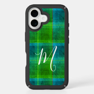 Preppy chic initial green & blue tartan plaid iPhone 16 case