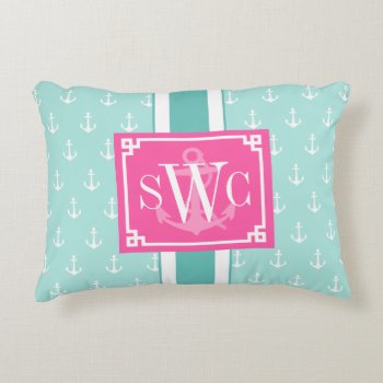 Preppy Chic Nautical Anchors Personalized Monogram Accent Pillow by Jujulili at Zazzle