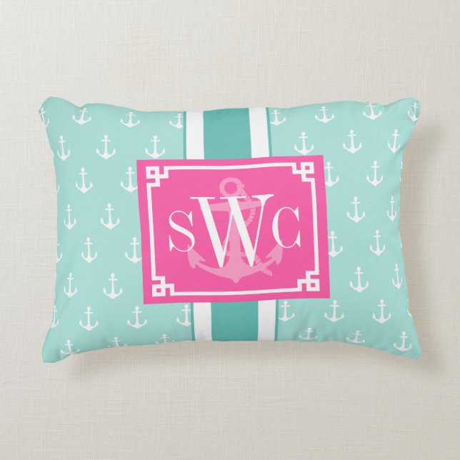 Preppy Chic Nautical Anchors Personalized Monogram Accent Pillow (Front)