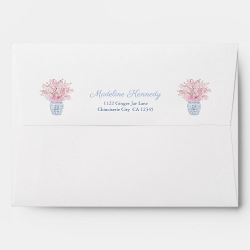 Preppy Chic Navy White Greek Key With Pink Flowers Envelope