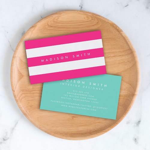 Preppy Chic Pink and White Stripes with Turquoise Business Card