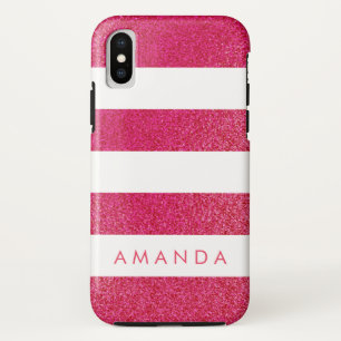 Preppy chic PINK GLITTER Striped personalized iPhone X Case