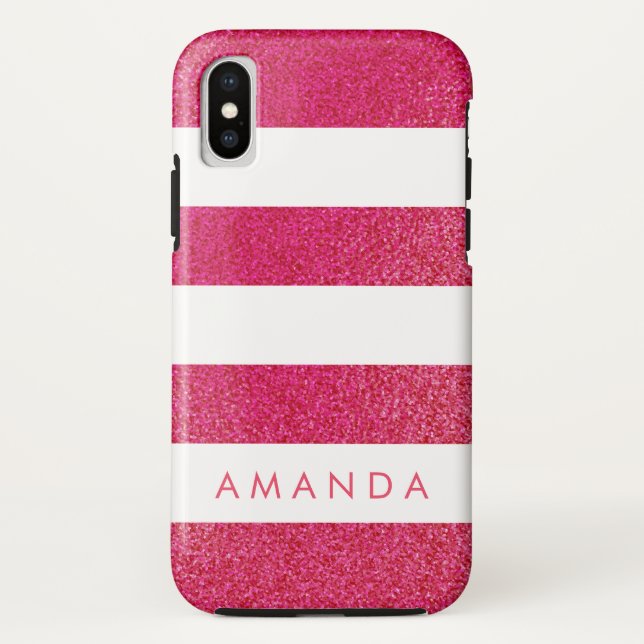 Preppy chic PINK GLITTER Striped personalized Case-Mate iPhone Case (Back)