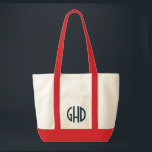 Preppy Chic Triple Monogram Tote Bag<br><div class="desc">Lovely combo of navy blue and red on this preppy tote bag. Red lining with custom three part monogram in navy blue. Great combination for your summer lounging by the pool or on the beach. Customize with your own monogram or go even further to change the color of the lining...</div>