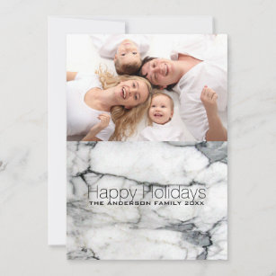 Preppy Chic white marble Happy Holidays Photo Holiday Card