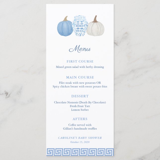 Preppy Chinoiserie Blue Pumpkin Baby Shower Menu (Front)