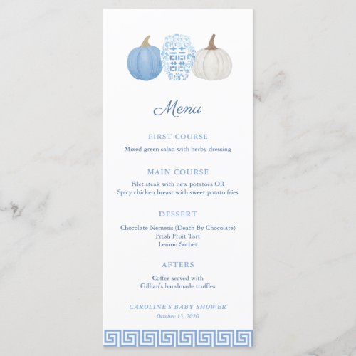 Preppy Chinoiserie Blue Pumpkin Baby Shower Menu