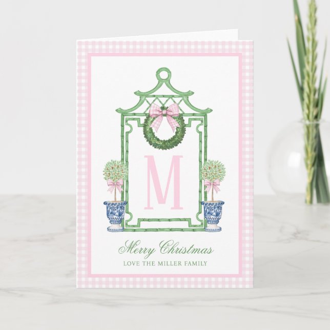 Preppy Chinoiserie Christmas Pagoda Monogram  Card (Front)