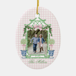 Preppy Chinoiserie Christmas Pagoda Monogram  Ceramic Ornament