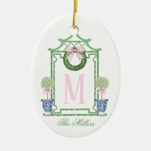 Preppy Chinoiserie Christmas Pagoda Monogram Ceramic Ornament