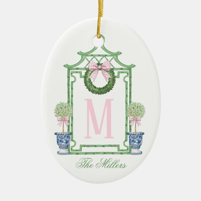 Preppy Chinoiserie Christmas Pagoda Monogram  Ceramic Ornament (Front)