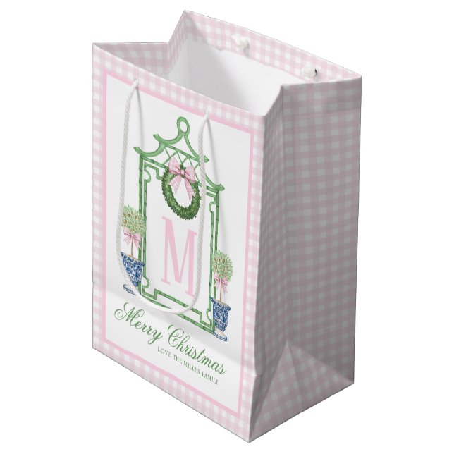 Preppy Chinoiserie Christmas Pagoda Monogram  Medium Gift Bag (Front Angled)