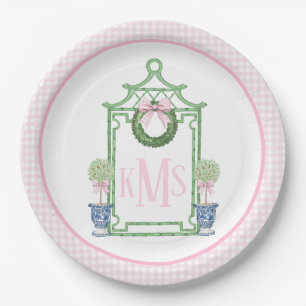 Preppy Chinoiserie Christmas Pagoda Monogram  Paper Plates