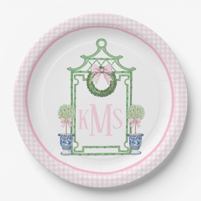 Preppy Chinoiserie Christmas Pagoda Monogram  Paper Plates (Front)