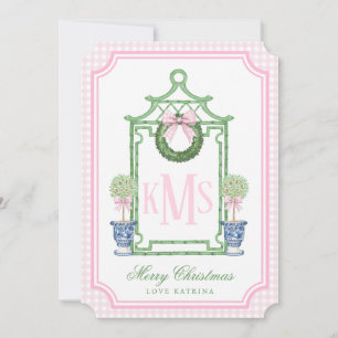 Preppy Chinoiserie Christmas Pagoda Monogram Photo Invitation