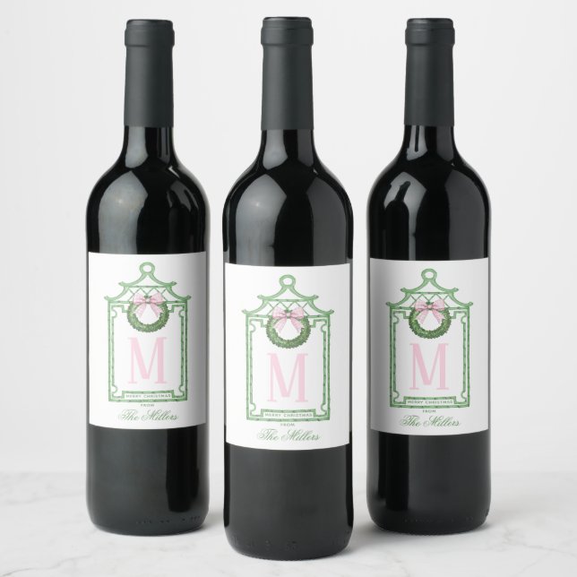 Preppy Chinoiserie Christmas Pagoda Monogram  Wine Label (Bottles)