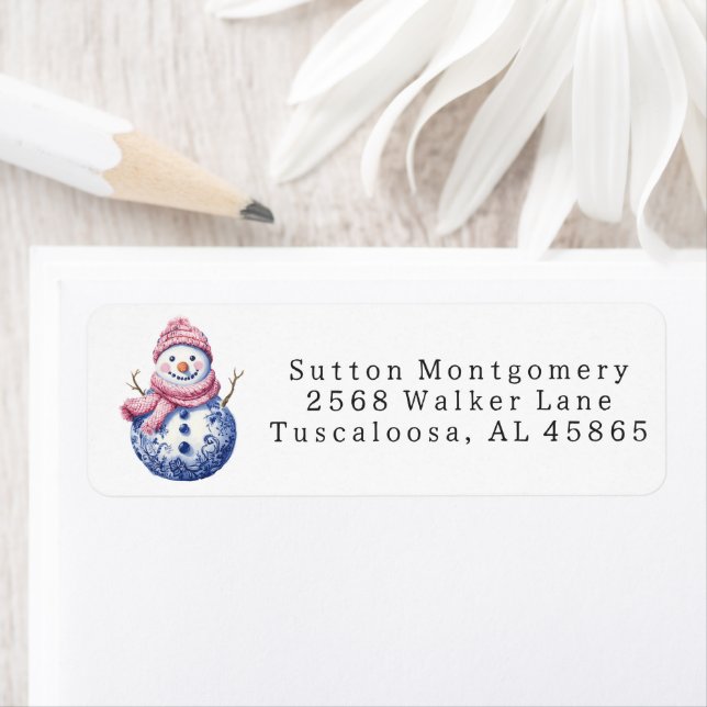Preppy Chinoiserie Christmas Snowman Address Label (Insitu)