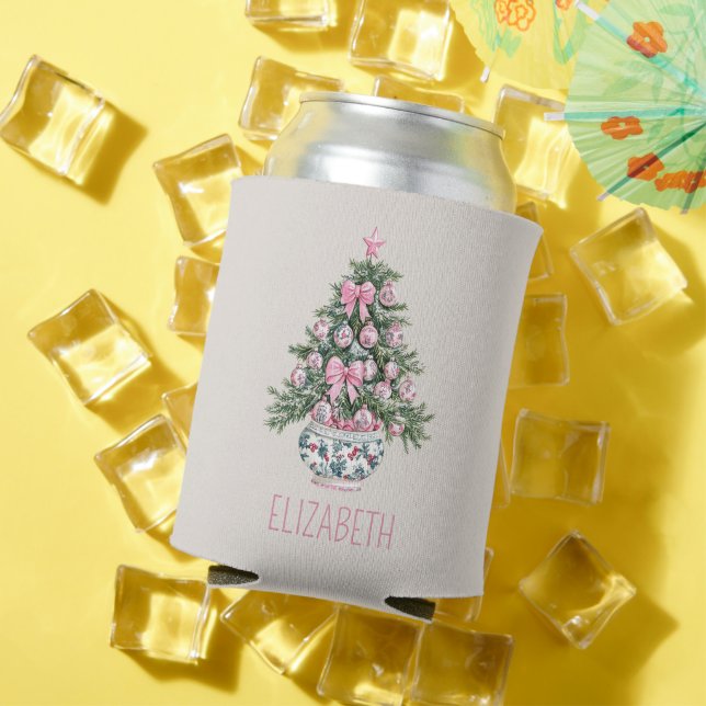 Preppy Chinoiserie Christmas Tree Personalized Can Cooler (In Situ Summer)