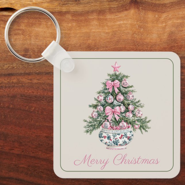 Preppy Chinoiserie Christmas Tree Personalized Keychain (Front)