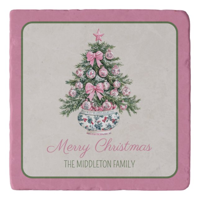 Preppy Chinoiserie Christmas Tree Trivet (Front)