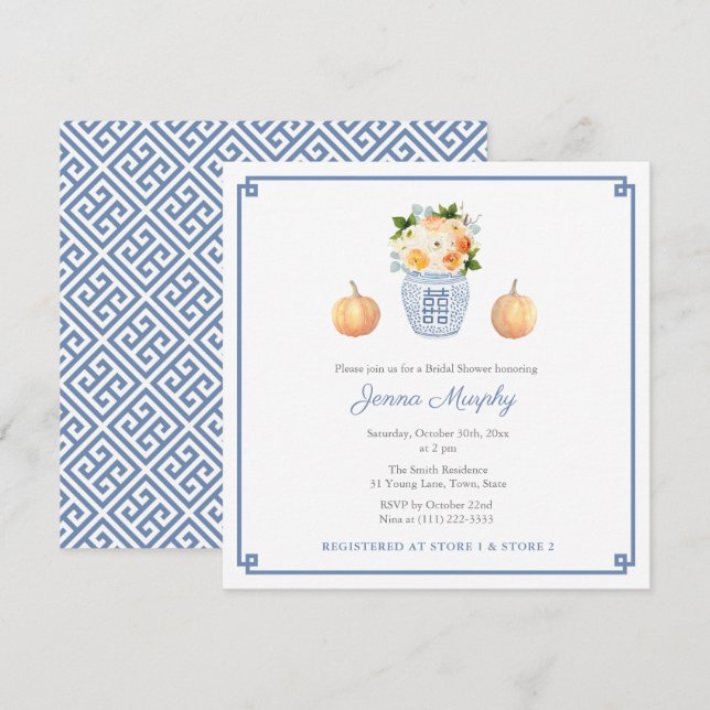 Preppy Chinoiserie Fall Flowers Bridal Shower Invitation (Front/Back)