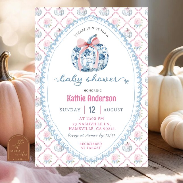 Preppy Chinoiserie Fall Pumpkin Baby Shower Invitation (Creator Uploaded)