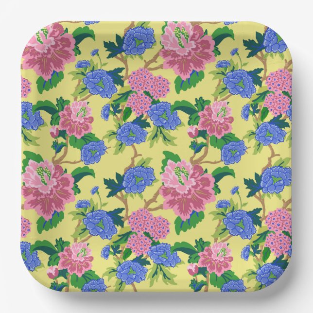 Preppy Chinoiserie floral Paper Plates (Front)
