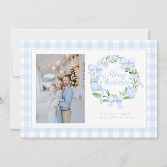 Preppy Chinoiserie Ginger Jar Bows Wreath Holiday Card (Front)