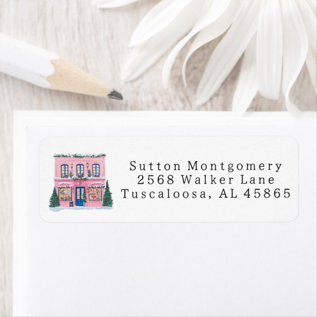Preppy Chinoiserie Pink Christmas Village Address Label (Insitu)