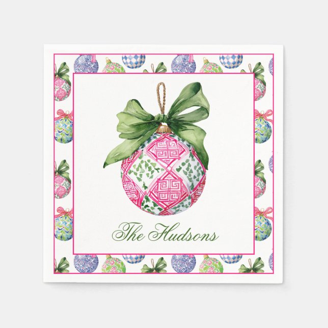 Preppy Christmas Baubles Ornaments Personalized Napkins (Front)