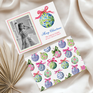 Preppy Christmas Baubles Ornaments Photo Holiday Card