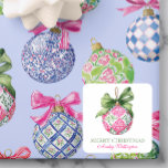 Preppy Christmas Baubles Ornaments Square Sticker<br><div class="desc">PreppyPrint.com - This festive pattern brings holiday cheer with a playful, preppy twist! Featuring classic Christmas baubles in vibrant colors, topped with crisp bows and touches of chinoiserie charm, it’s a perfect blend of tradition and trend. Transfer this design onto the products of your choice too! Please visit my designer...</div>