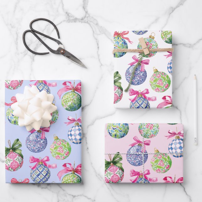 Preppy Christmas Baubles Ornaments Wrapping Paper Sheets (Front)