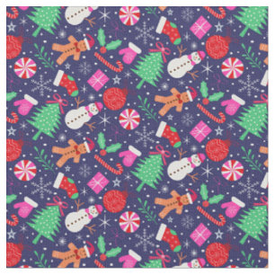 Preppy Christmas Characters with bows on dark blue Fabric