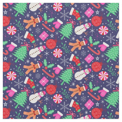 Preppy Christmas Characters with bows on dark blue Fabric