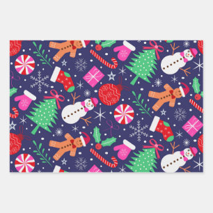 Preppy Christmas Characters with bows on dark blue Wrapping Paper Sheets