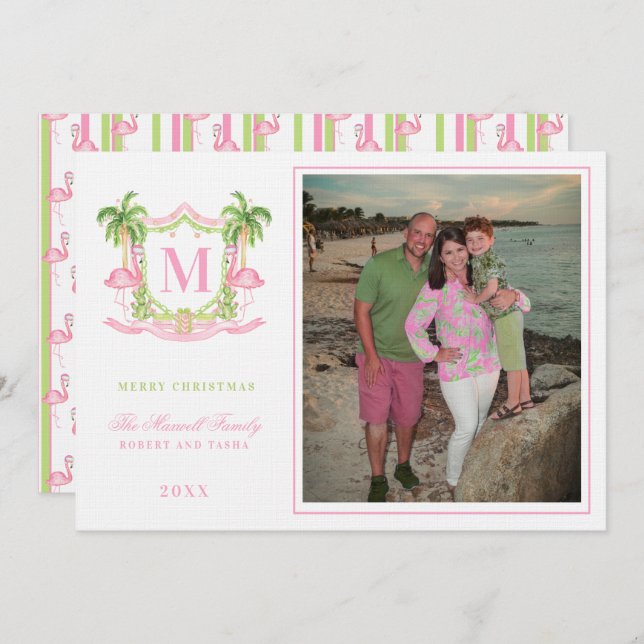Preppy Christmas Flamingo Crest Monogram  Invitation (Front/Back)