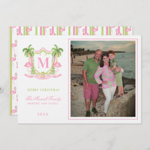 Preppy Christmas Flamingo Crest Monogram Invitation