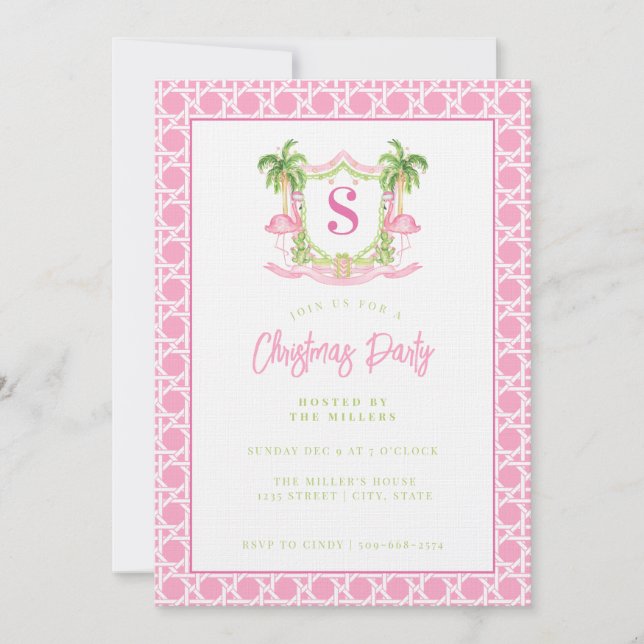 Preppy Christmas Flamingo Crest Monogram  Invitation (Front)