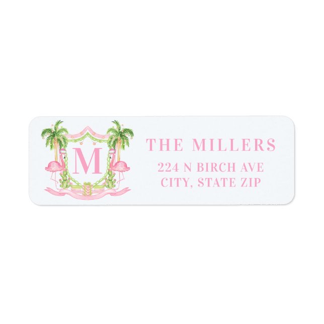 Preppy Christmas Flamingo Crest Monogram Label (Front)