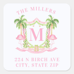 Preppy Christmas Flamingo Crest Monogram Square Sticker