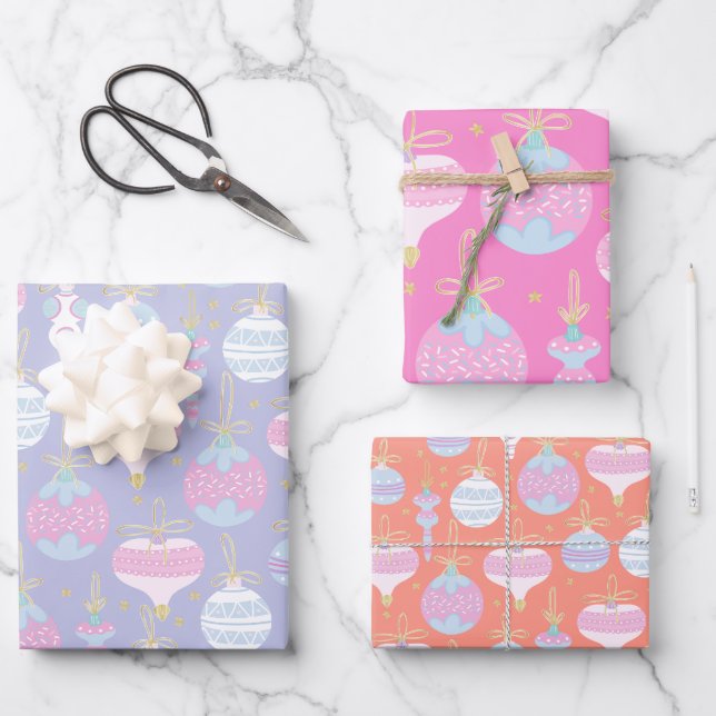 Preppy Christmas Holiday Ornaments Pastels Wrapping Paper Sheets (Front)