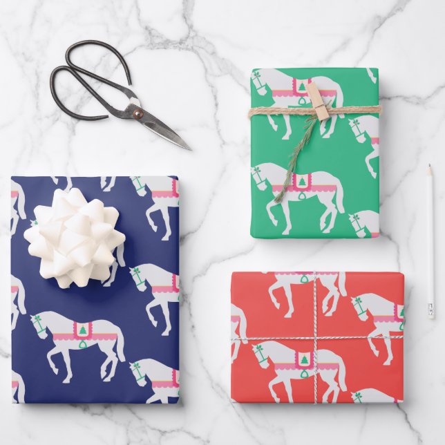 Preppy Christmas Horse Set of 3 Wrapping Paper Sheets (Front)