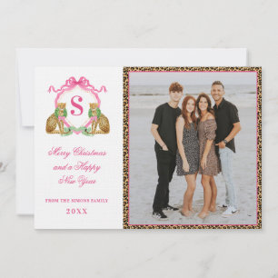 Preppy Christmas Leopard Monogram Photo In Invitation