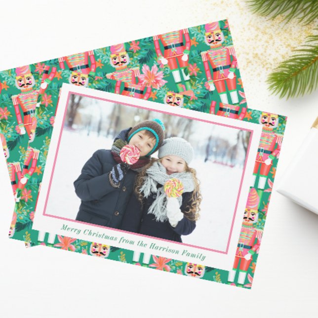 Preppy Christmas Pink & Green Nutcracker Photo Holiday Card (Creator Uploaded)