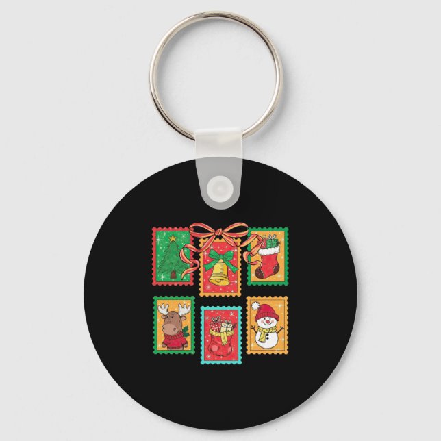 Preppy Christmas Stamps Coquette Bow Reindeer Xmas Keychain (Front)