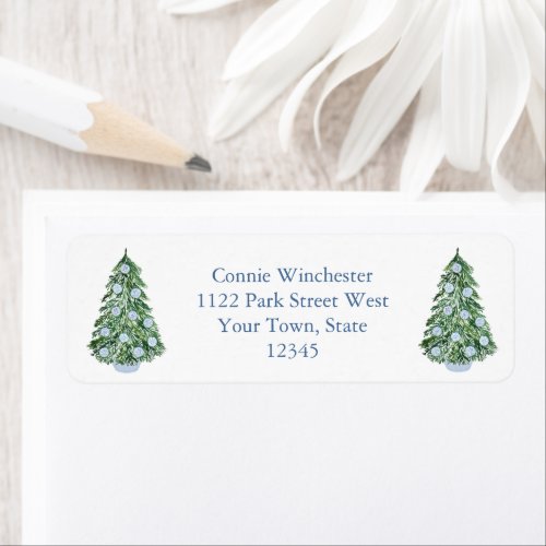 Preppy Christmas Tree Blue White Return Address Label