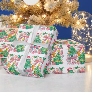 Preppy Christmas Tree Bow Pink Blue Coquette Wrapping Paper