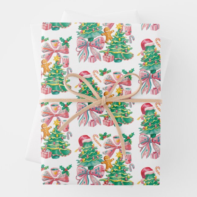 Preppy Christmas Tree Bow Pink Blue Coquette Wrapping Paper Sheets (In situ)