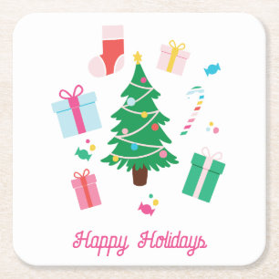Preppy Christmas Tree Happy Holidays Square Paper Coaster